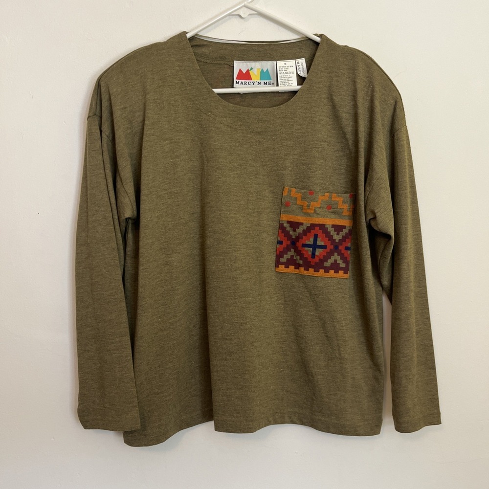 Marcy N Me Women's Oversize M Vintage Top 1990 Aztec Pocket Green Shoulder Pads‎